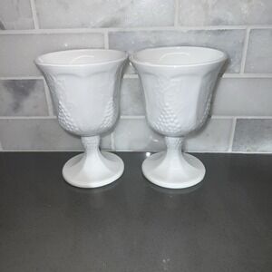 Set of 2 Milk Glass Footed Pedestal Paneled Goblet Grapes & Leaves Indiana Glass